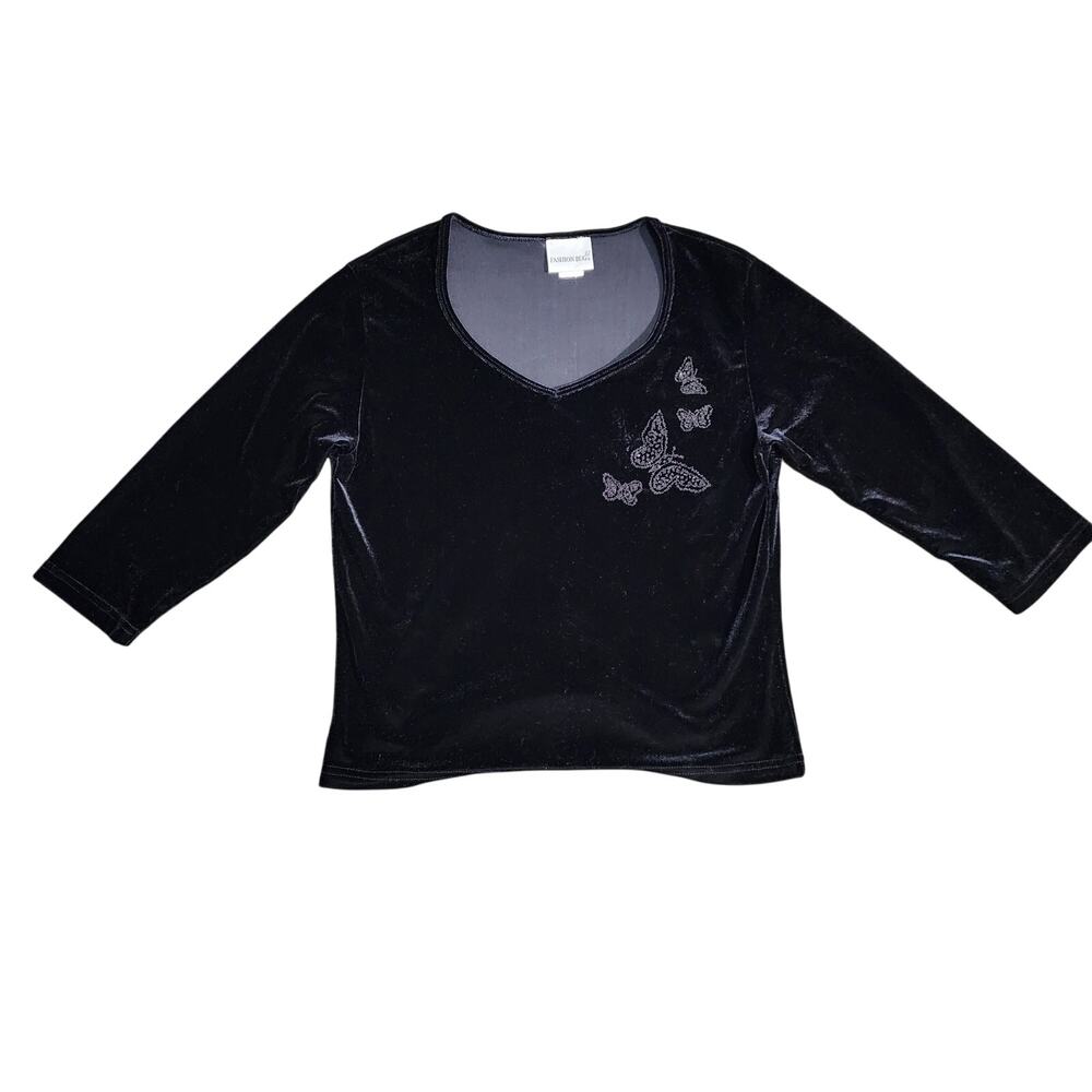 VTG Y2K Black Velvet Butterfly V-Neck Top Size M Fairy Cottagecore Whimsigoth